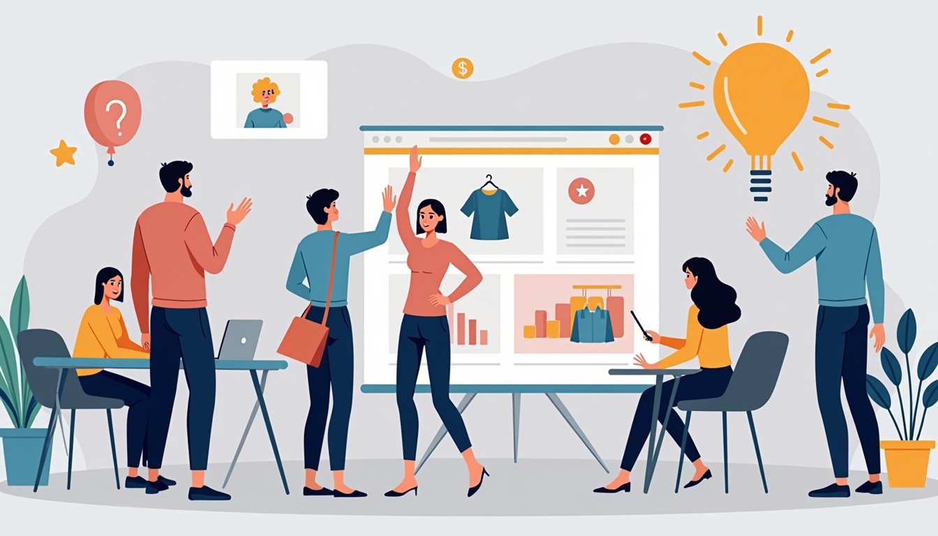 O echipă de profesioniști de la o firmă de creare magazin online lucrează la un proiect de e-commerce, discutând strategii