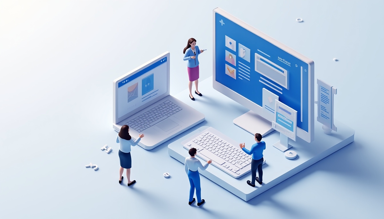 Oameni discutând despre creare site de prezentare, cu elemente de design web și întrebări frecvente pe fundal.