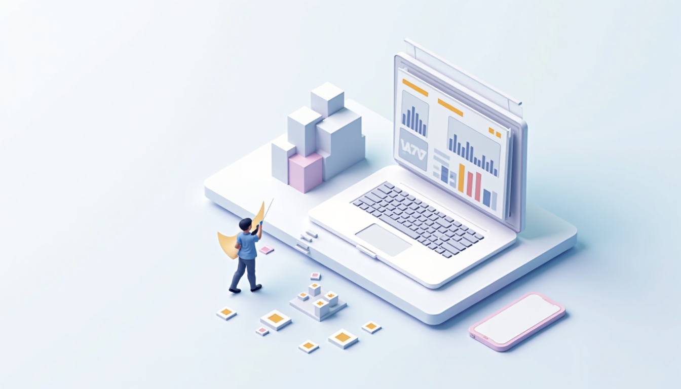 Ilustrație cu elemente de creare site web și succes online, reprezentând procesul de dezvoltare