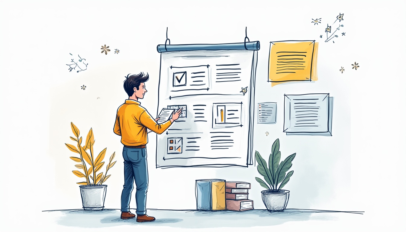 Ilustrație cu elemente de creare site anunțuri, incluzând un laptop, iconițe de anunțuri și o lupă, simbolizând succesul