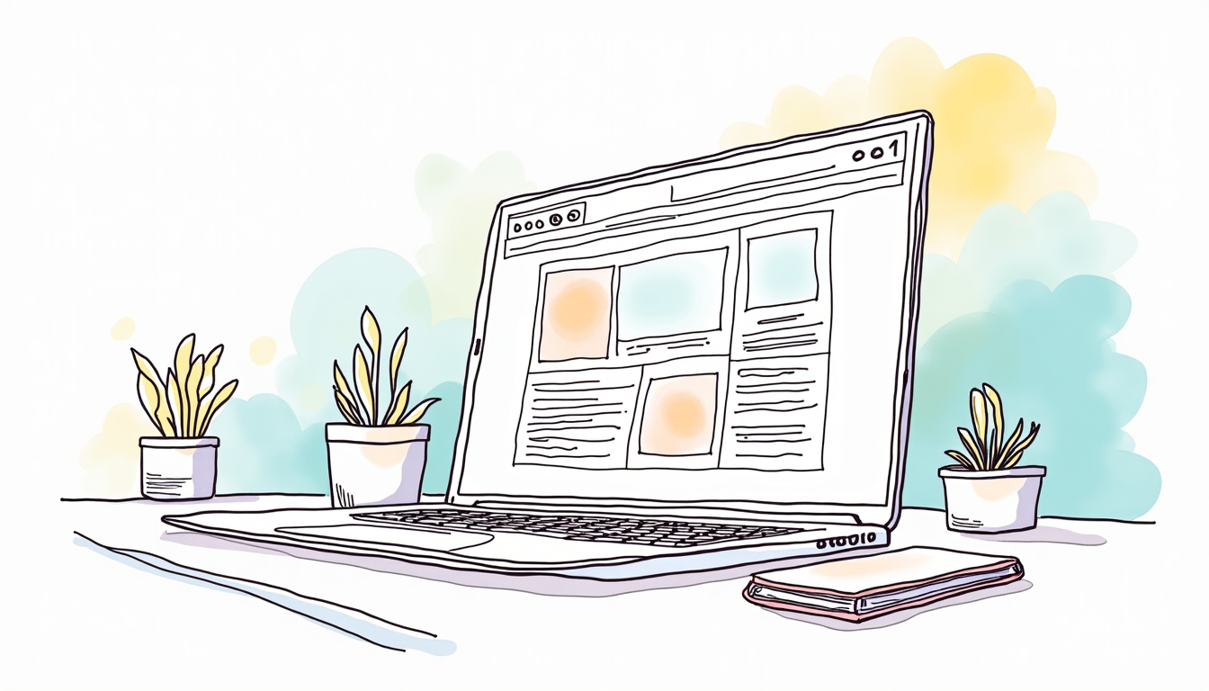 Ilustrație cu un computer și elemente de web design, simbolizând procesul de creare site de prezentare