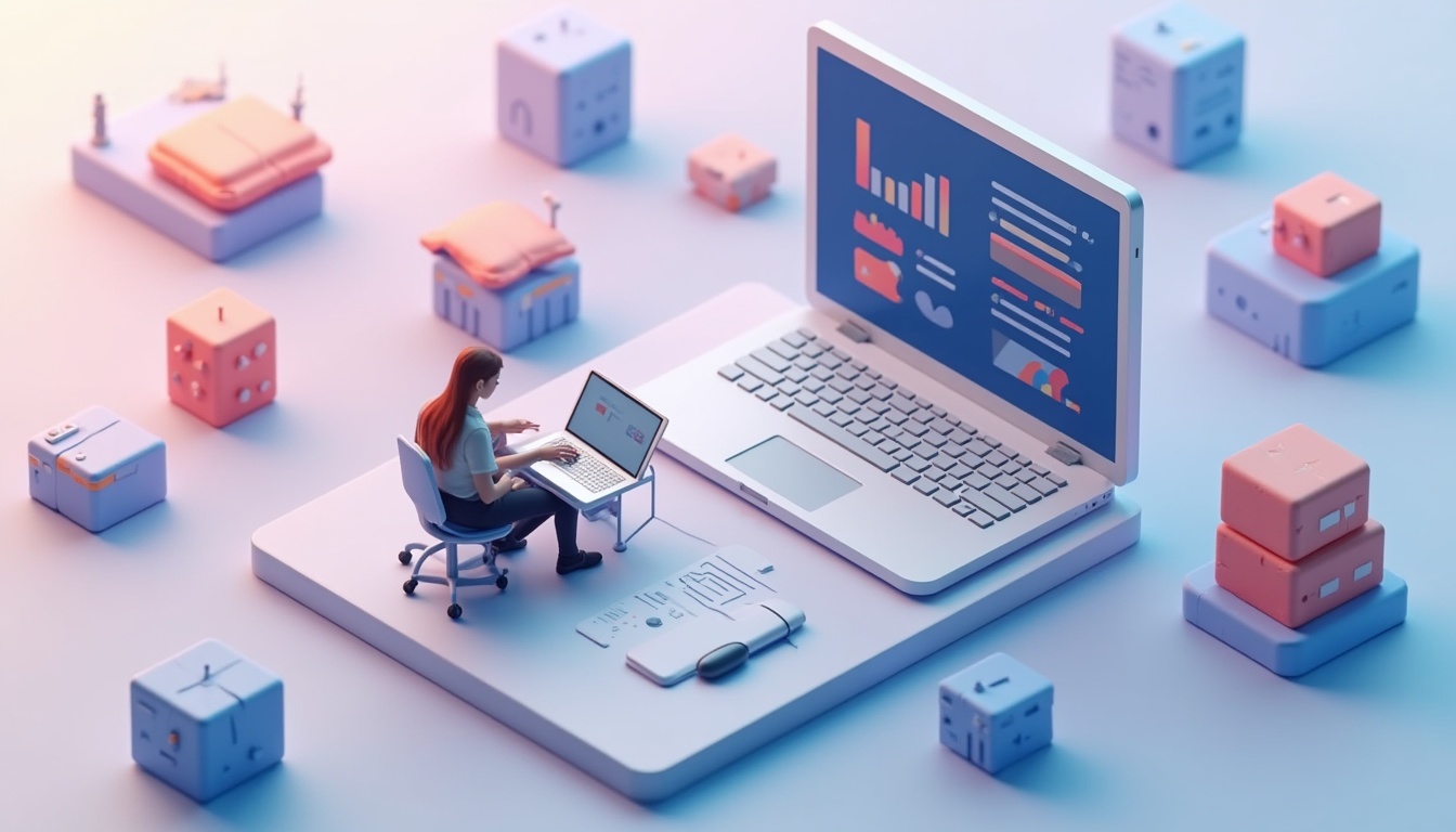 Ilustrație futuristă a unui ecran de computer cu elemente de design web, AI și securitate cibernetică, simbolizând